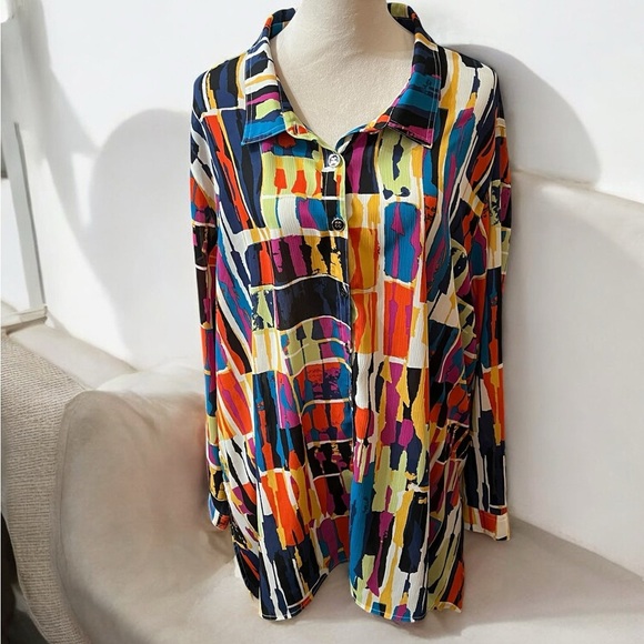 Multiples Red Pink Boxy Graphic Blouse - Picture 1 of 5